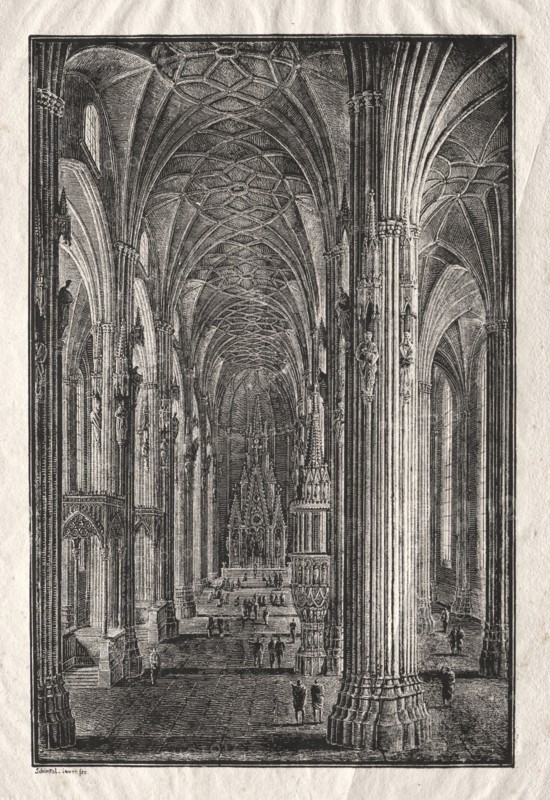 Interior of St. Stephen's Cathedral in Vienna, c. 1810. Karl Friedrich Schinkel (German, 1781-1841). Lithograph; sheet: 46.2 x 31.5 cm (18 3/16 x 12 3/8 in.); image: 24 x 15.8 cm (9 7/16 x 6 1/4 in.)