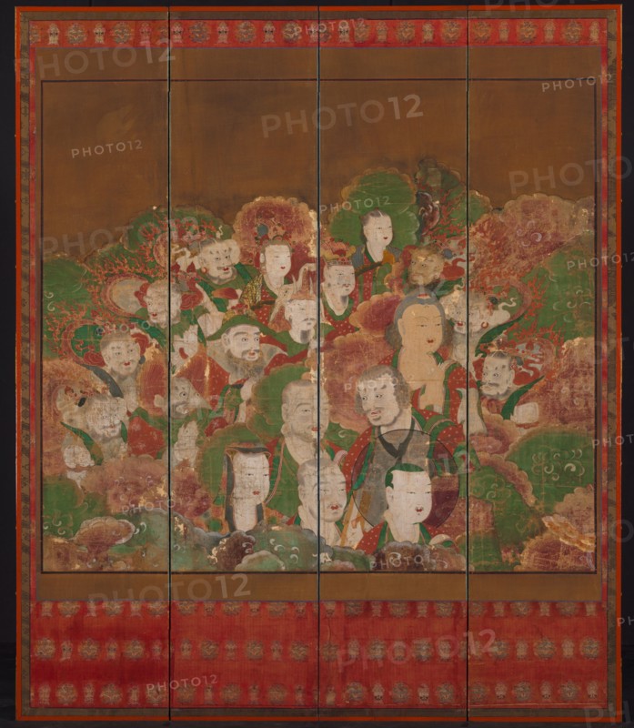Buddhist Deities, 1700s-1800s. Korea, Joseon dynasty (1392-1910). Four-panel folding screen; ink and color on silk; painting only: 114 x 115.2 cm (44 7/8 x 45 3/8 in.); overall: 147.5 x 123.8 cm (58 1/16 x 48 3/4 in.).