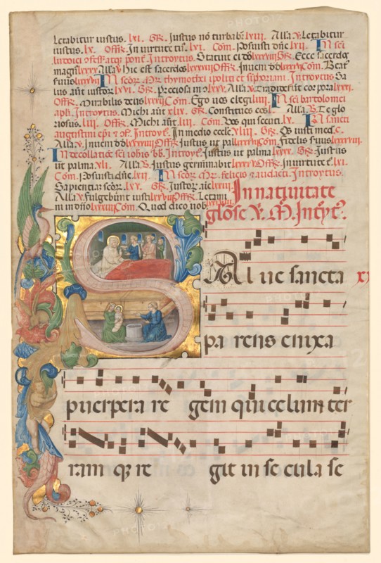 Leaf from a Gradual: Historiated Initial S[alve Sancta Parens] with Birth of the Virgin (recto) and Music (verso), c. 1420-1450. Northern Italy, 15th century. Ink, tempera, and gold on vellum; each leaf: 52.1 x 34.9 cm (20 1/2 x 13 3/4 in.).