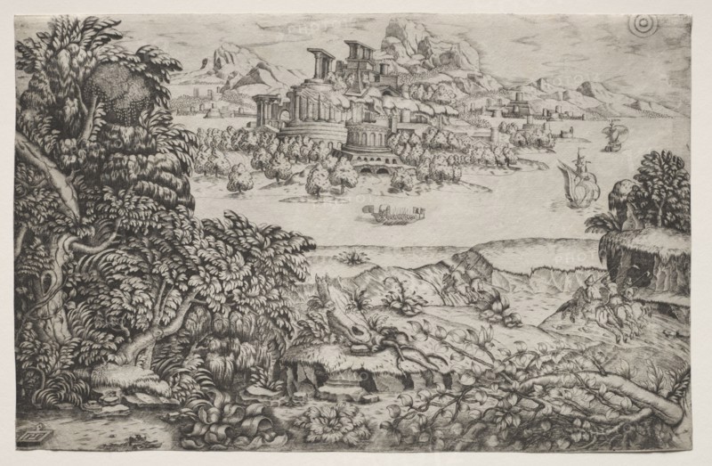 Landscape with a Temple above a Lake, 16th century. Monogrammist HI (Italian), and Monogrammist DB (Italian). Engraving; overall: 19.9 x 31.1 cm (7 13/16 x 12 1/4 in.)