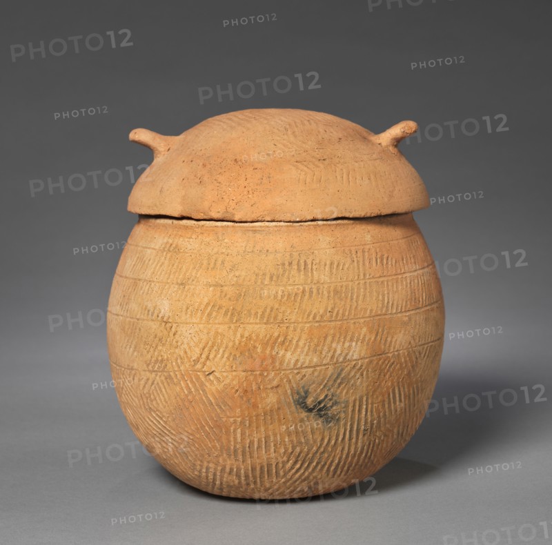 Lidded Vessel with Loop Handles, 3rd-1st Century BC. Korea, Iron Age (c. 300-57 BC). Earthenware, with impressed, paddled, and incised decoration and red slip
