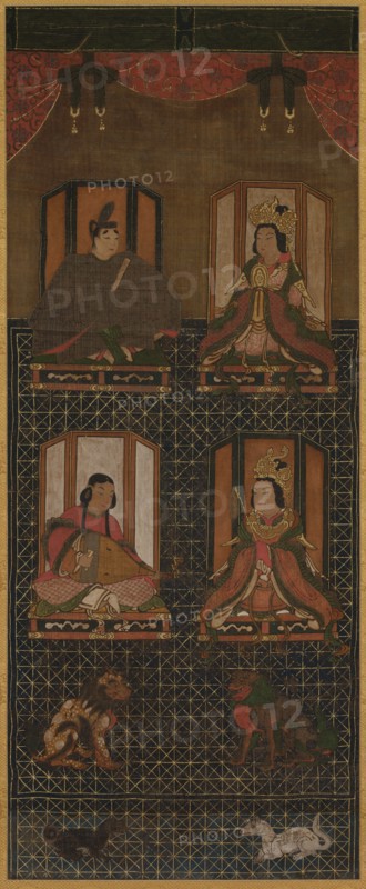 Koya Myojin (Mandala of the Four Deities of Mt. Koya), 16th century. Japan, Muromachi period (1392-1573). Hanging scroll, ink, color and cut gold foil on silk; overall: 178.6 x 56.3 cm (70 5/16 x 22 3/16 in.); painting only: 97.5 x 39.3 cm (38 3/8 x 15 1/2 in.).