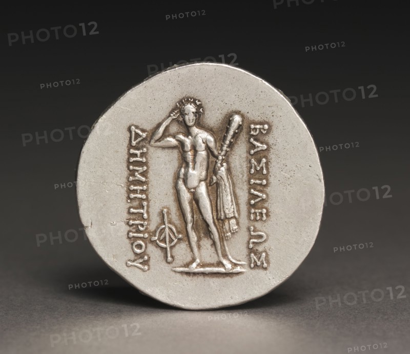Coin of Demetrios, I (reverse), 200-190 BC. Afghanistan, Bactria, Bactrian period (3rd-2nd century BC), Demetrios I. Silver; diameter: 3.3 cm (1 5/16 in.).