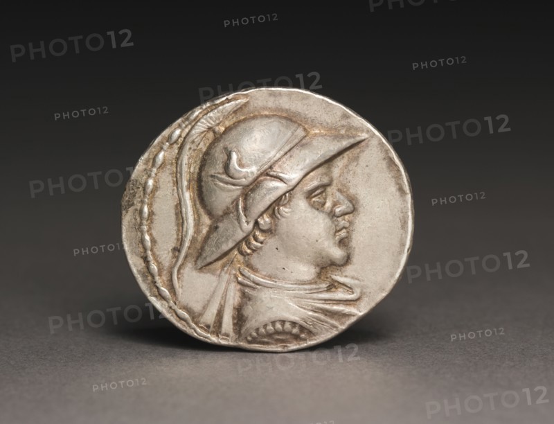 Coin of Eukratides I, 170-145 BC. Afghanistan, Bactria, Bactrian period (3rd-2nd Century BC), Eukratides I. Silver; diameter: 3.4 cm (1 5/16 in.).