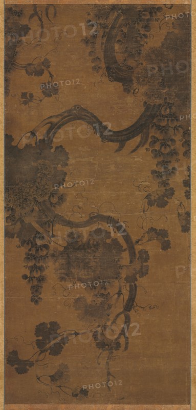 Grapes, 1400s-1500s. Korea or Japan, Joseon period (1392-1910) or Muromachi Period (1392-1573). Hanging scroll, ink on silk; image: 101 x 47 cm (39 3/4 x 18 1/2 in.); overall: 176.5 x 73 cm (69 1/2 x 28 3/4 in.).