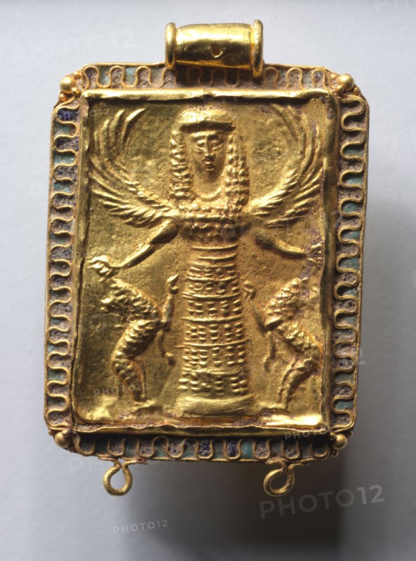 Daedalic Pendant with Potnia Theron (Mistress of Animals), 650-600 BC. Eastern Greece, Rhodian, 7th Century BC. Gold and glass; overall: 3 x 2 cm (1 3/16 x 13/16 in.).