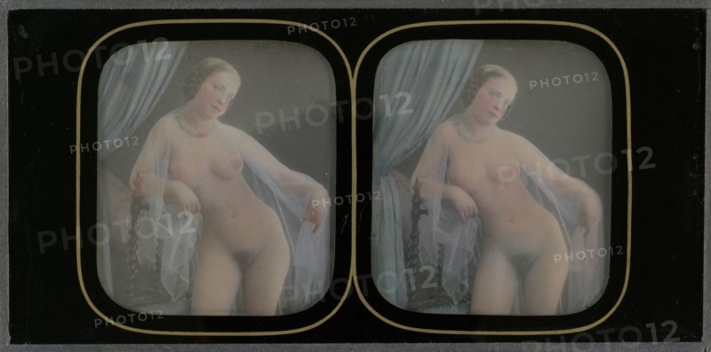 Untitled (Nude), 1851-1852. Alexis-Louis-Charles-Arthur Gouin (French, 1855). Stereoscopic daguerreotype, hand-colored, 2/6th plate; image: 6.5 x 5.5 cm (2 9/16 x 2 3/16 in.); overall: 8.4 x 16.8 cm (3 5/16 x 6 5/8 in.); matted: 35.6 x 45.7 cm (14 x 18 in.)