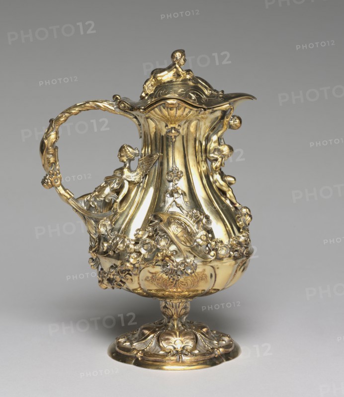 Ewer, c. 1845. Jean-Valentin Morel (French, 1794-1860), Jules Dieterle (French, 1811-1889), Jules Klagmann (French, 1810-1867). Gilded silver; overall: 21.4 x 15 x 12.8 cm (8 7/16 x 5 7/8 x 5 1/16 in.).