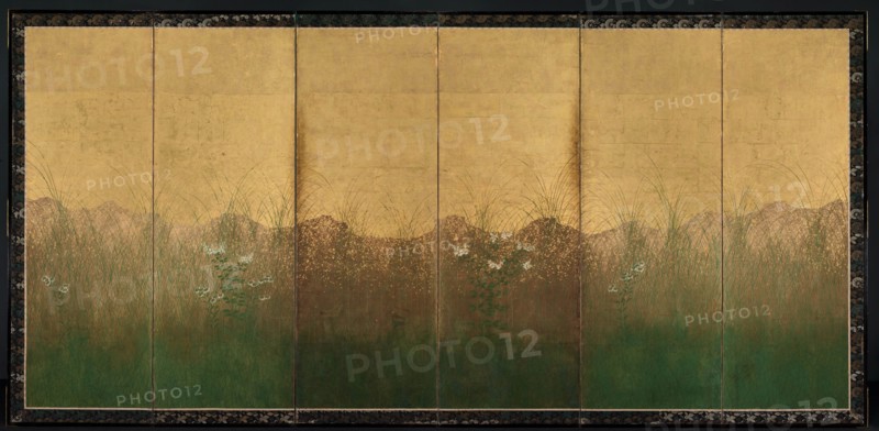 Autumn Evening with Full Moon on Musashino Plain, early 1600s. Japan, Edo period (1615-1868). Pair of six-fold screens; ink, color, and gold and silver foil on gilded paper; overall: 170.2 x 346.7 cm (67 x 136 1/2 in.).