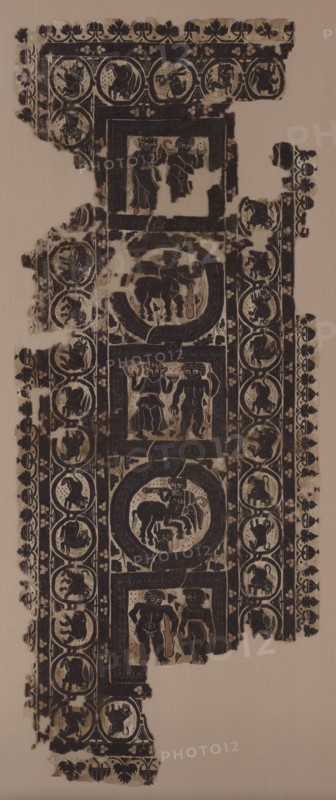 Curtain Panel with Scenes of Merrymaking, 500s. Egypt, Byzantine period, 6th Century. Tapestry weave with supplementary weft wrapping; undyed linen and dyed wool; overall: 144.2 x 26.7 cm (56 3/4 x 10 1/2 in.); mounted: 153.7 x 66 x 3.2 cm (60 1/2 x 26 x 1 1/4 in.)