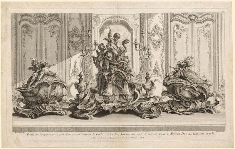 Works of Juste-Aurele Meissonier (Oeuvre de Juste- AurPle Meissonier), plate 115: Works of Juste-Aurèle Meissonier:  Silver Sculptural Project for a Large Centerpiece and Two Tureens Which Have Been Executed for His Lordship the Duke of Kingston, c. 1735-1737. Gabriel Huquier (French, 1695-1772), after Juste-Aurèle Meissonnier (French, 1695-1750). Etching; sheet: 42 x 66.8 cm (16 9/16 x 26 5/16 in.); platemark: 38 x 64 cm (14 15/16 x 25 3/16 in.)