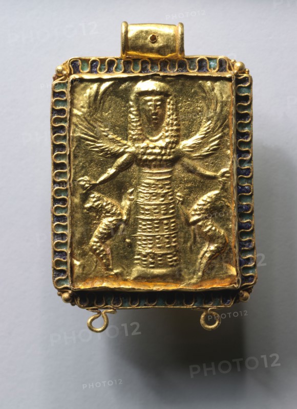 Daedalic Pendant with Potnia Theron (Mistress of the Animals), 650-600 BC. Eastern Greece, Rhodian, 7th century BC. Gold and glass-like substance; overall: 3 x 2 cm (1 3/16 x 13/16 in.).