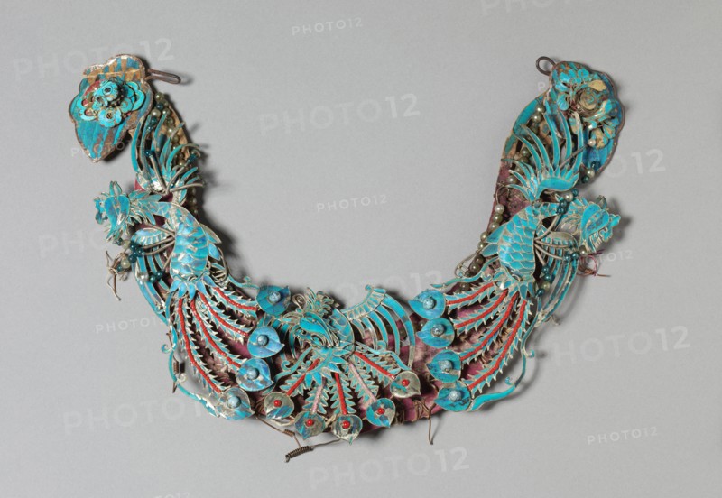 Headdress Ornament, 1700s or 1800s. China, Qing dynasty (1644-1911). Made from a copper-silver alloy, some with gilding, and decorated with kingfisher feathers and glass beads; overall: 22 x 28.5 cm (8 11/16 x 11 1/4 in.).