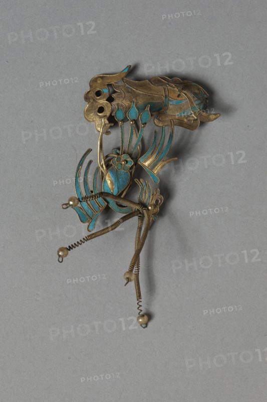 Headdress Ornament, 1700s or 1800s. China, Qing dynasty (1644-1911). Made from a copper-silver alloy, some with gilding, and decorated with kingfisher feathers and glass beads; overall: 7.5 x 3.9 cm (2 15/16 x 1 9/16 in.).