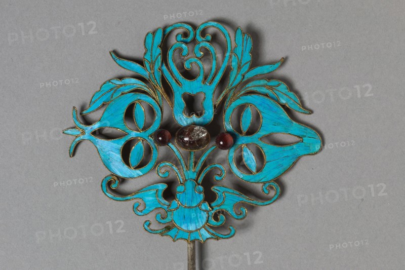 Headdress Ornament, 1800s-1900s. China, Qing dynasty (1644-1911). Gilt copper-silver alloy decorated with kingfisher feathers and glass beads; overall: 16 x 7.3 cm (6 5/16 x 2 7/8 in.).