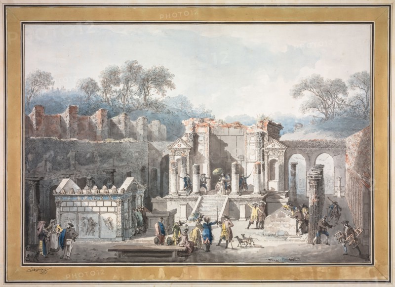 The Temple of Isis at Pompeii, 1788. Francesco Piranesi (Italian, 1758-1810), Louis Jean Desprez (French, 1743-1804). Etching, hand-colored with watercolor; sheet: 47.7 x 69.6 cm (18 3/4 x 27 3/8 in.); secondary support: 59.2 x 81.3 cm (23 5/16 x 32 in.)