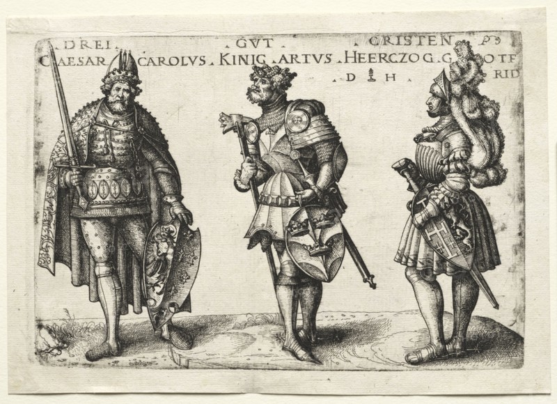 Three Worthy Christians, after 1516. Daniel I Hopfer (German, c. 1470-1536), after a design by Hans Burgkmair (German, 1473-1531). Etching; sheet: 17 x 24.5 cm (6 11/16 x 9 5/8 in.); platemark: 14.8 x 22.1 cm (5 13/16 x 8 11/16 in.)