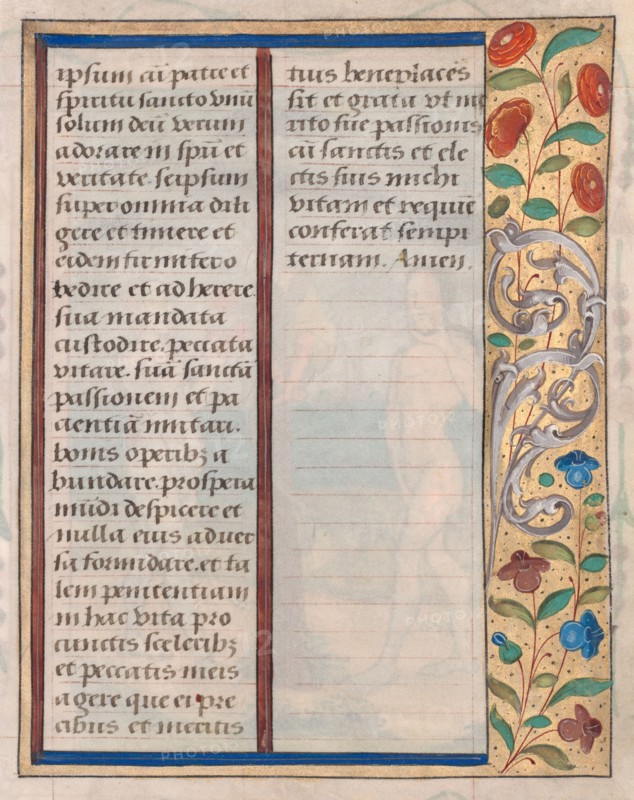 Leaf from a Book of Hours: Text with Illustrated Border (verso), c. 1510. France, Rouen, 16th century. Ink, tempera and liquid gold on vellum; each leaf: 17.9 x 12.8 cm (7 1/16 x 5 1/16 in.).