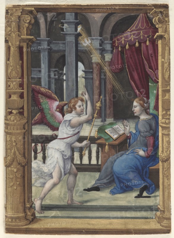 The Annunciation (Matins, Office of the Virgin): Leaf from a Book of Hours (1 of 3 Excised Leaves), c. 1530-1535. Noël Bellemare (French, d. 1546), and The 1520s Hours Workshop (French). Ink, tempera, and liquid gold on vellum; overall: 7.7 x 6.5 cm (3 1/16 x 2 9/16 in.).