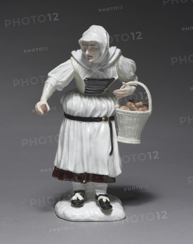 Peasant Woman, 1740-1750. Meissen Porcelain Factory (German), Johann Joachim Kändler (German, 1706-1768), and/or Peter Reinicke (German, 1715-1768). Porcelain with enamel decoration; overall: 17.2 x 10.1 x 6.8 cm (6 3/4 x 4 x 2 11/16 in.).