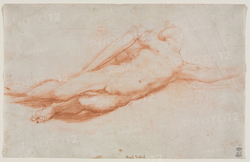 Study of a Fallen Soldier (possibly the Conversion of Saul) (recto); A Draped Female Figure (possibly an Amazon) and Architectural Studies (verso), c. 1525. Attributed to Correggio (Italian, 1489?-1534). Red chalk; sheet: 17.5 x 27.3 cm (6 7/8 x 10 3/4 in.).