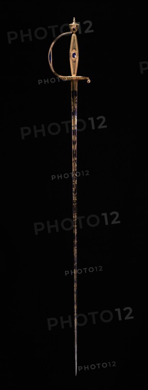 Small-Sword, c. 1790-1800. Switzerland, Geneva(?) (blade: Germany, Solingen, early 18th c.), late 18th Century. Hilt:  gold with blue translucent enamel;   blade:  etched, blued and gilded steel; overall: 97 cm (38 3/16 in.); blade: 81 cm (31 7/8 in.); hilt: 16.5 cm (6 1/2 in.)