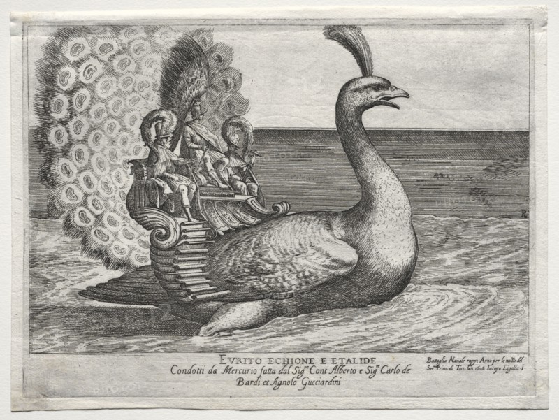 a set of 19 plates Bataglia Navale...: Naval Combat Represented on the Arno River in Florence, for the Marriage of Cosimo di Medici Prince of Tuscany, and Maria Maddalena of Austria, in 1608: Evrito Echione E Etalide, 1608. Remigio Cantagallina (Italian, 1582/3-1656), after Jacopo Ligozzi (Italian, 1547-1626). Etching; sheet: 20.8 x 28.2 cm (8 3/16 x 11 1/8 in.); platemark: 19.7 x 26.9 cm (7 3/4 x 10 9/16 in.)