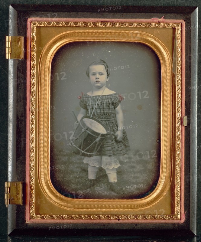 Child with Drum, 1850s. Unidentified Photographer. Daguerreotype, quarter-plate; image: 8.3 x 7 cm (3 1/4 x 2 3/4 in.); case: 12.7 x 10.5 cm (5 x 4 1/8 in.); matted: 61 x 50.8 cm (24 x 20 in.)