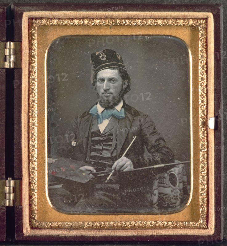 Artist with His Palette and Brushes, c. 1850s. Unidentified Photographer. Daguerreotype, sixth-plate; image: 8.3 x 7 cm (3 1/4 x 2 3/4 in.); case: 9.5 x 8.3 x 2.5 cm (3 3/4 x 3 1/4 x 1 in.); matted: 61 x 50.8 cm (24 x 20 in.)