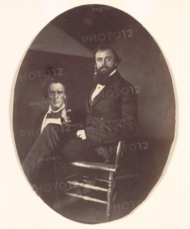 John R. Johnston with Painting, late 1850s. John R. Johnston (American, 1820-1872). Salted paper print from wet collodion negative; image: 20 x 14.8 cm (7 7/8 x 5 13/16 in.); matted: 50.8 x 40.6 cm (20 x 16 in.)