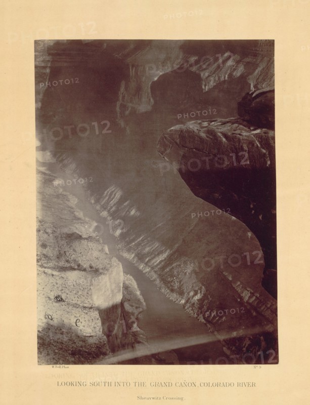 Looking South into the Grand Canyon, Colorado River, Sheavwitz, 1872. William H. Bell (American, 1830-1910). Albumen print from wet collodion negative; image: 27.5 x 20.3 cm (10 13/16 x 8 in.); mounted: 50 x 39.4 cm (19 11/16 x 15 1/2 in.); matted: 61 x 50.8 cm (24 x 20 in.)