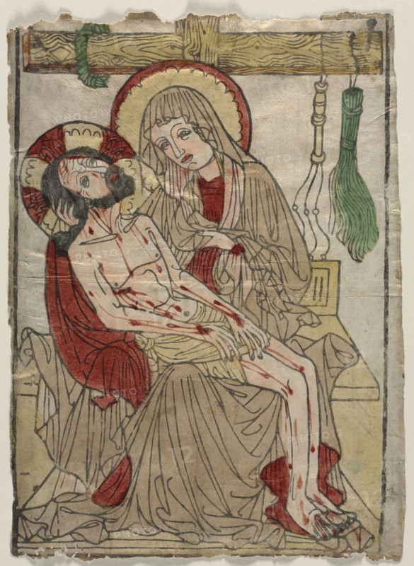 Pietà, c. 1460. Southern Germany, Swabia, 15th century. Woodcut, hand colored with watercolor; sheet: 38.7 x 28.8 cm (15 1/4 x 11 5/16 in.)
