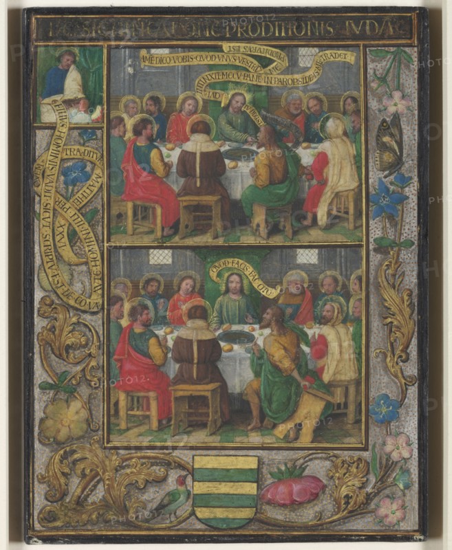 Single Leaf with Scenes from the Last Supper, c.1525-1530. Simon Bening (Flemish, 1483-1561). Tempera with liquid gold and silver on vellum, mounted on old wood board; overall: 17 x 12.5 cm (6 11/16 x 4 15/16 in.)