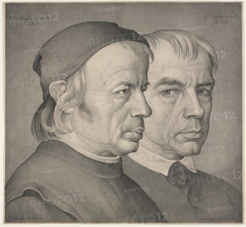Double Portrait of the Brothers Konrad and Franz Eberhard, Painter and Sculptor in Munich, 1822. Johann Anton Ramboux (German, 1790-1866). Lithograph printed in black and gray; sheet: 32.1 x 34.7 cm (12 5/8 x 13 11/16 in.); image: 31.7 x 34.2 cm (12 1/2 x 13 7/16 in.)