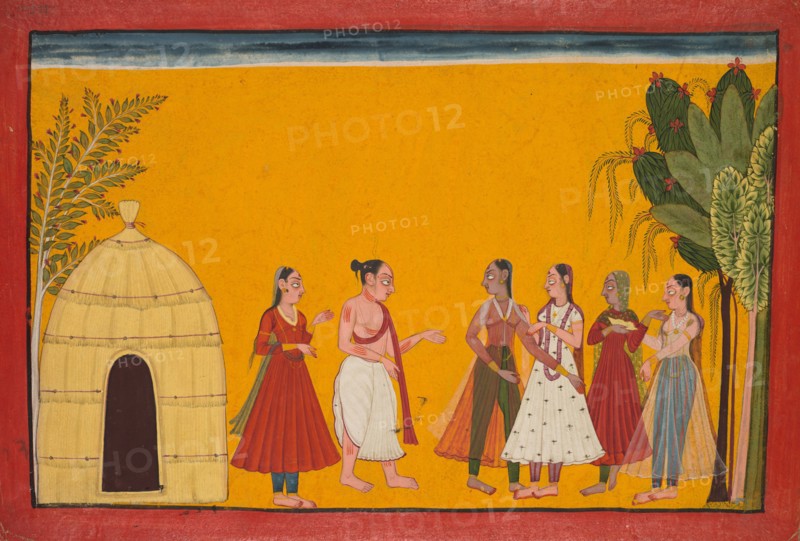 Rama and Sita Being Taken to the Priest to Fix the Wedding Date; page from the Ramayana (Tales of God Rama), c. 1700-1710. India, Pahari Hills, Kulu, Shangri Style IV, 18th century. Ink and color on paper; image: 18.5 x 28.7 cm (7 5/16 x 11 5/16 in.); overall: 20 x 30.4 cm (7 7/8 x 11 15/16 in.).
