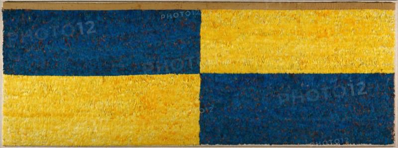 Feathered Panel, 600-900. Peru, Far South Coast, Pampa Ocoña, 7th-10th century. Papagayo macaw feathers knotted onto strings and stitched to cotton plain-weave cloth; camelid fiber plain-weave cloth upper tape; overall: 81.3 x 223.5 cm (32 x 88 in.); mounted: 94 x 236.2 cm (37 x 93 in.)