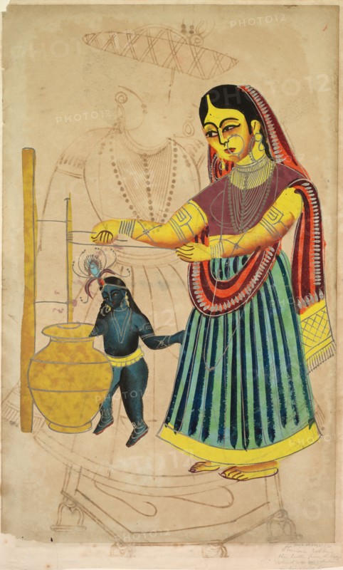 Yasoda Churning Butter, 1800s. India, Calcutta, Kalighat painting, 19th century. Black ink, color and silver paint, and graphite underdrawing on paper; secondary support: 48.2 x 29.6 cm (19 x 11 5/8 in.); painting only: 45.6 x 28.6 cm (17 15/16 x 11 1/4 in.).