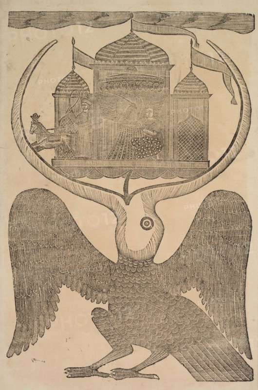 Jatayu (Rama'a Mythical Bird) Hinders Ravana's Chariot, Trying to Prevent Abduction of Sita, 1800s. Shri Gobinda Chandra Roy. Woodcut; black ink on paper; secondary support: 49.8 x 31.4 cm (19 5/8 x 12 3/8 in.); painting only: 40.6 x 26.5 cm (16 x 10 7/16 in.).