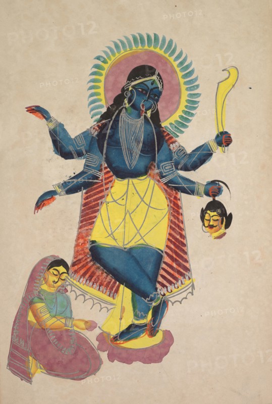Krishna as Kali Worshipped by Radha, 1800s. India, Calcutta, Kalighat painting, 19th century. Black ink, watercolor with graphite underdrawing