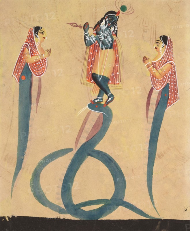 Krishna as Kali Worshipped by Radha, 1800s. India, Calcutta, Kalighat painting, 19th century. Black ink, color and silver paint on paper; secondary support: 48.1 x 29.7 cm (18 15/16 x 11 11/16 in.); painting only: 45.7 x 27.8 cm (18 x 10 15/16 in.).