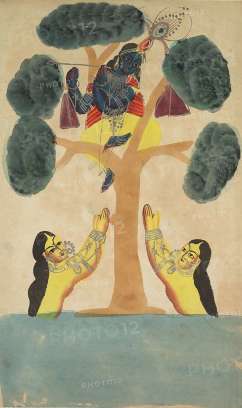 Krishna Steals the Clothes of the Cowgirls (Gopis), 1800s. India, Calcutta, Kalighat painting, 19th century. Black ink, watercolor, and tin paint, with graphite underdrawing on paper; secondary support: 48.5 x 29.9 cm (19 1/8 x 11 3/4 in.); painting only: 45.5 x 28 cm (17 15/16 x 11 in.).
