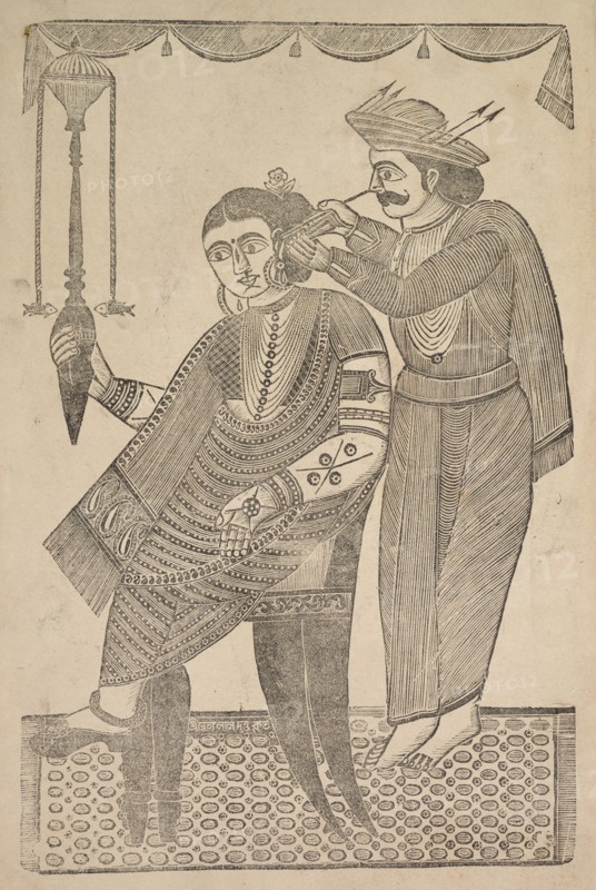 A Barber Cleaning the Ear of a Courtesan, 1800s. Shri Gobinda Chandra Roy. Woodcut; black ink on paper; secondary support: 50 x 30.3 cm (19 11/16 x 11 15/16 in.); painting only: 45.5 x 28.2 cm (17 15/16 x 11 1/8 in.).