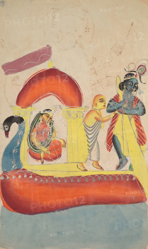 Krishna Ferrying Radha Across the Yamuna River, 1800s. India, Calcutta, Kalighat painting, 19th century. Black ink, watercolor, and tin paint, with graphite underdrawing on paper; secondary support: 48.5 x 29.3 cm (19 1/8 x 11 9/16 in.); painting only: 45.5 x 27.4 cm (17 15/16 x 10 13/16 in.).