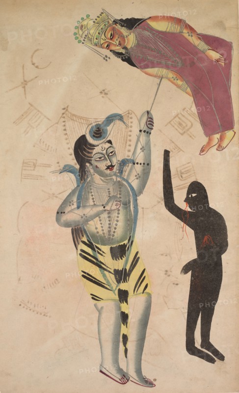 Shiva Bearing Aloft the Body of His Sati, 1800s. India, Calcutta, Kalighat painting, 19th century. Black ink, watercolor, and tin paint, with graphite underdrawing on paper; secondary support: 48 x 29.1 cm (18 7/8 x 11 7/16 in.); painting only: 45.6 x 27.8 cm (17 15/16 x 10 15/16 in.).