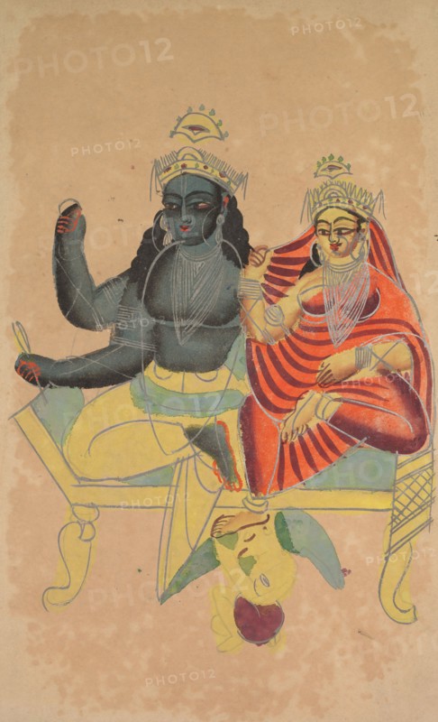 Vishnu and Lakshmi, 1800s. India, Calcutta, Kalighat painting, 19th century. Black ink, watercolor, and tin paint, with graphite underdrawing on paper; secondary support: 47.8 x 29.1 cm (18 13/16 x 11 7/16 in.); painting only: 45.6 x 27.7 cm (17 15/16 x 10 7/8 in.).