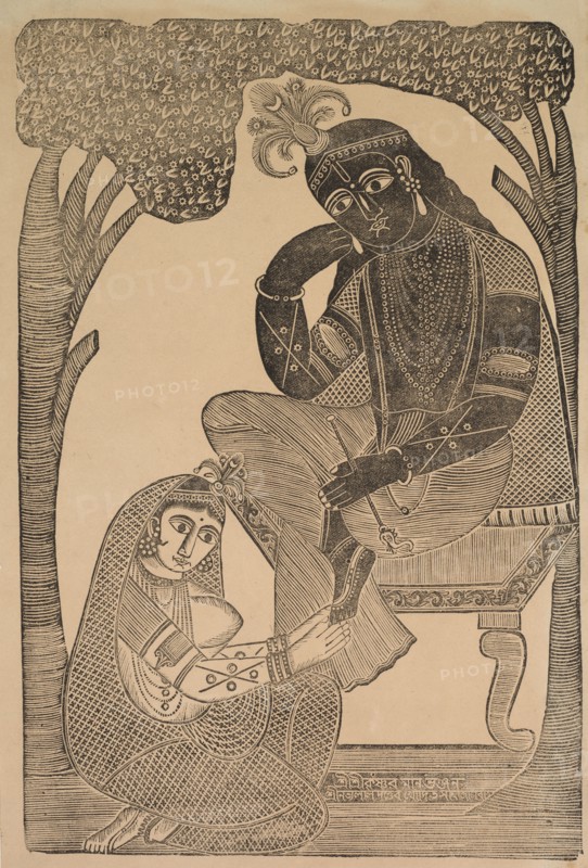 Radha Stroking Krishna's Feet, 1800s. Shri Gobinda Chandra Roy. Woodcut with black ink on paper; secondary support: 49.9 x 30 cm (19 5/8 x 11 13/16 in.); painting only: 40.6 x 26.5 cm (16 x 10 7/16 in.).