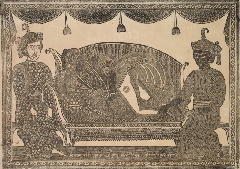 Kalighat Painting, 1800s. Shri Gobinda Chandra Roy. Woodcut with black ink on paper; secondary support: 30 x 49.7 cm (11 13/16 x 19 9/16 in.); painting only: 27.8 x 41.7 cm (10 15/16 x 16 7/16 in.).