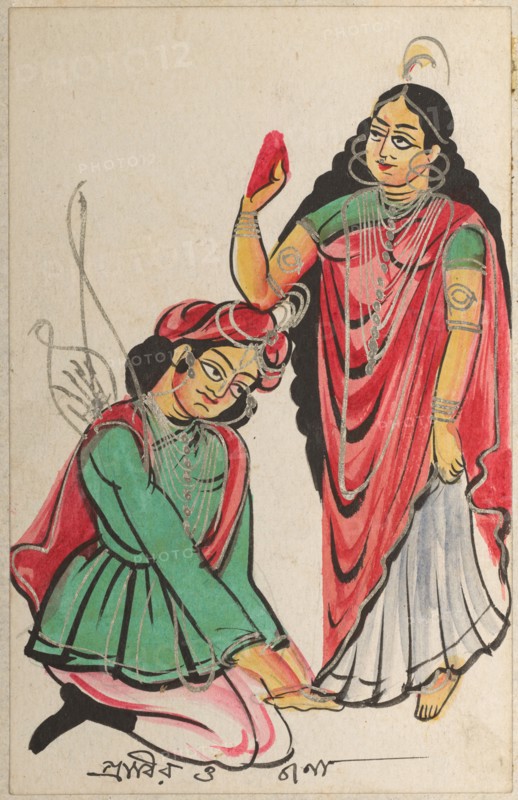Pravira Kneeling at the Feet of Jana, 1800s. India, Calcutta, Kalighat painting, 19th century. Black ink, color and silver paint, and graphite underdrawing on paper; painting only: 15 x 10.3 cm (5 7/8 x 4 1/16 in.).