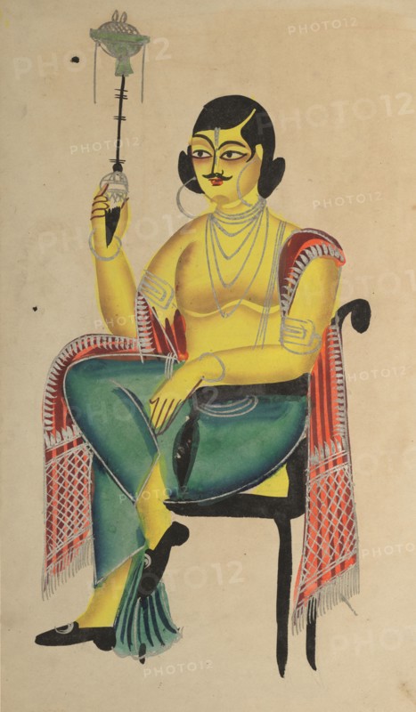 English Babu (Native Indian Clerk) Holding a Hookah, 1800s. India, Calcutta, Kalighat painting, 19th century. Black ink, watercolor, and tin paint, with graphite underdrawing on paper; secondary support: 48 x 29.5 cm (18 7/8 x 11 5/8 in.); painting only: 45.7 x 28 cm (18 x 11 in.).