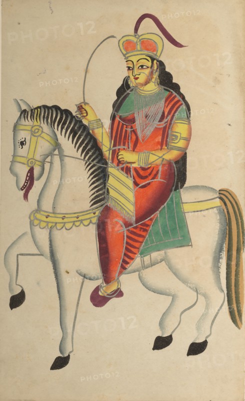 The Mutiny of the Heroine Rani Lakshmi Bai of Jhansi, 1800s. India, Calcutta, Kalighat painting, 19th century. Black ink, watercolor, and tin paint, with graphite underdrawing on paper; secondary support: 48.5 x 29.6 cm (19 1/8 x 11 5/8 in.); painting only: 45.5 x 28 cm (17 15/16 x 11 in.).